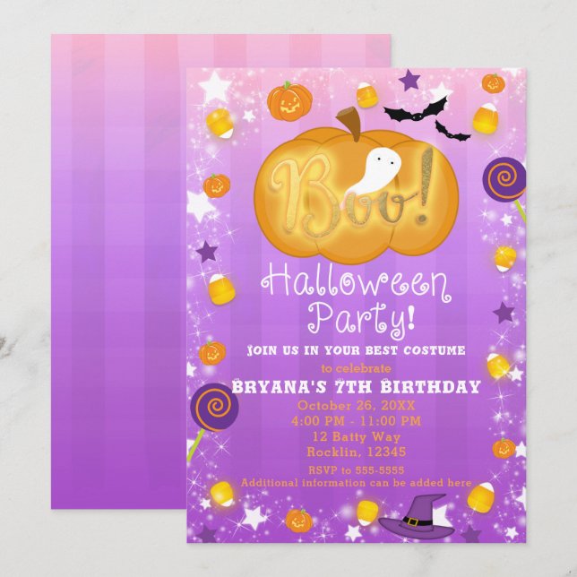 Purple & Orange Fun Whimsical Halloween Party Invitation (Front/Back)