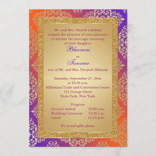 Purple, Orange, Gold FAUX Glitter Wedding Invite