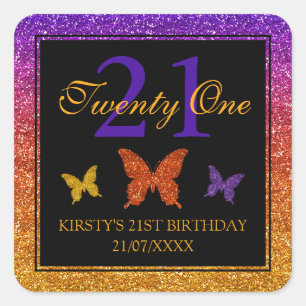 Purple & Orange Gradient Faux Glitter Birthday Square Sticker