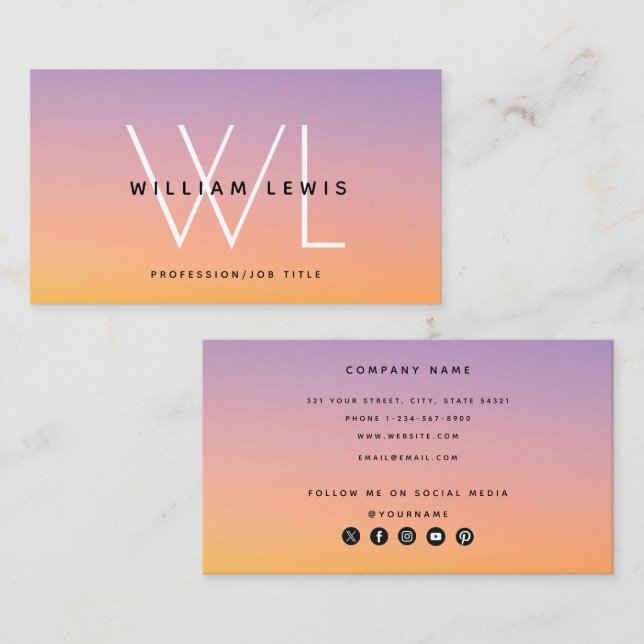 Purple Orange Gradient Social Media Icons Business Card (Front/Back)