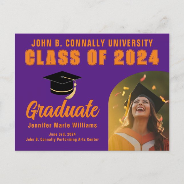 Purple Orange Graduate Photo 2024 Graduation Postcard (Front)