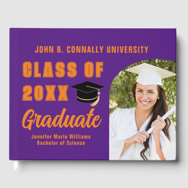 Purple Orange Graduate Photo Custom Graduation Guest Book (Front)