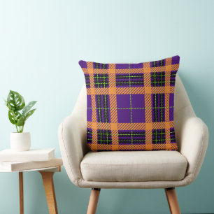 PURPLE ORANGE GREEN BLACK HALLOWEEN PLAID PATTERN CUSHION
