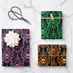 Purple, Orange & Green Foil Skull Damask Halloween Wrapping Paper Sheet