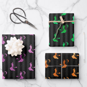 Purple, Orange & Green Foil Witches & Stripes Wrapping Paper Sheet