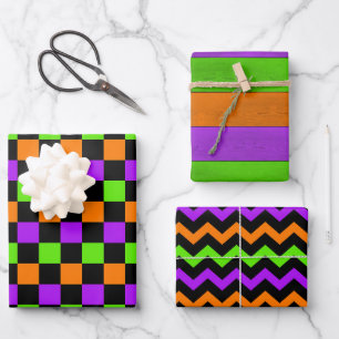 PURPLE ORANGE GREEN YELLOW HALLOWEEN PATTERNS WRAPPING PAPER SHEET