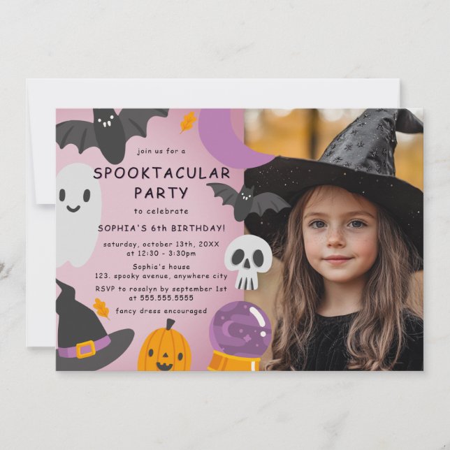 Purple Orange Halloween Kids Birthday Photo Invitation (Front)
