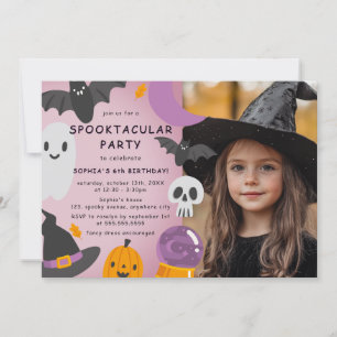 Purple Orange Halloween Kids Birthday Photo Invitation