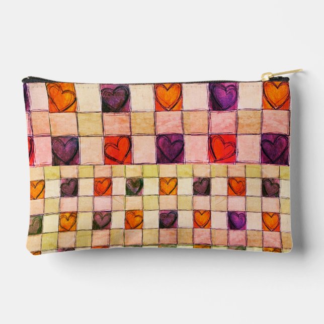 Purple orange hearts gingham Phone accessory pouch (Back)