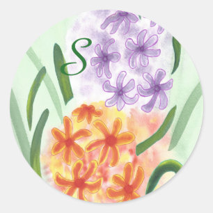 Purple Orange Hyacinth Floral Monogram Stickers