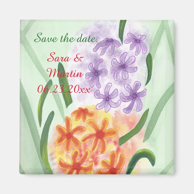 Purple Orange Hyacinth Floral Save Date Magnets (Front)