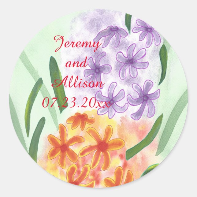 Purple Orange Hyacinth Flowers Save Date Stickers (Front)