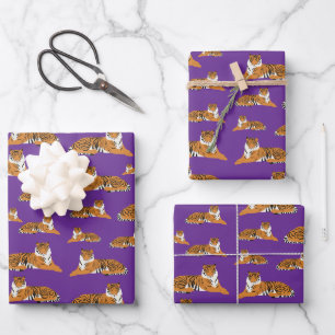 Purple Orange Jungle Tiger Animal Pattern Wrapping Paper Sheet