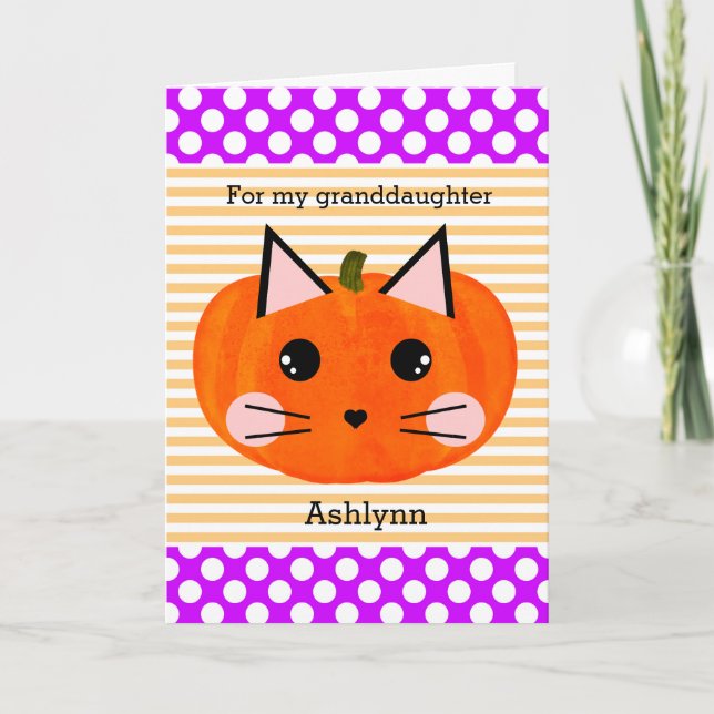 Purple Orange Kitty Cat Pumpkin Halloween Card (Front)