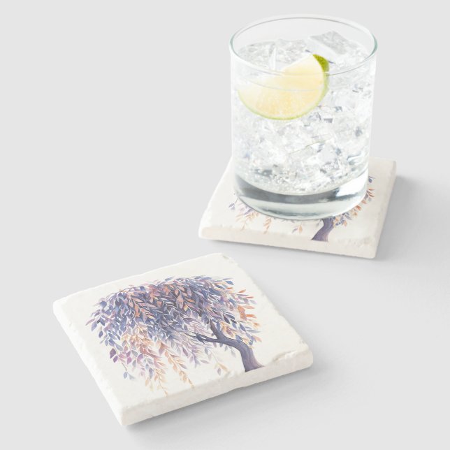 Purple Orange Leaves Tree Stone Coaster (Side)