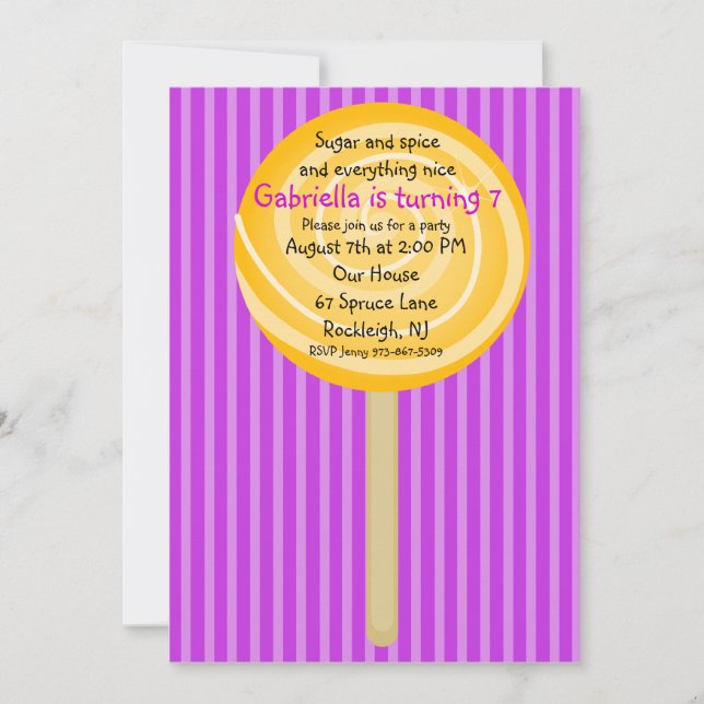 Purple & Orange Lollipop Girls Birthday Invitation (Front)