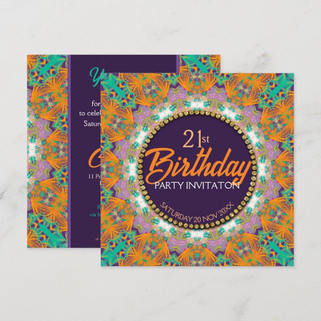 Purple Orange Mint Colourful 21st Birthday Party Invitation (Front/Back)