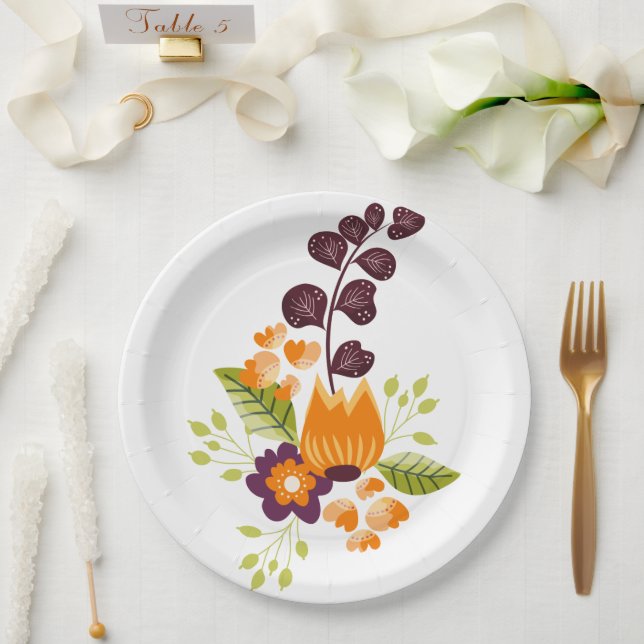 Purple Orange Modern Floral Paper Plate (Wedding)