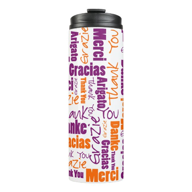 Purple Orange Multilingual Thank You Typography Thermal Tumbler (Front)