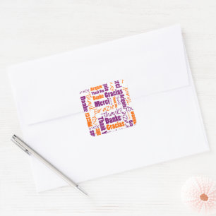 Purple & Orange Multilingual Thanks  Pick A Shape Square Sticker