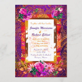 Purple Orange Paisley Floral Wedding Invitation