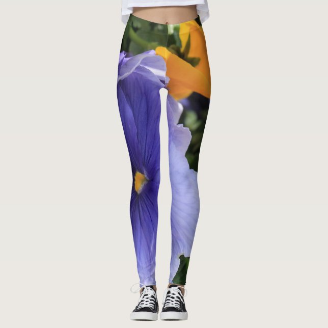 Purple & Orange Pansies w Green Floral Photo 06 Leggings (Front)