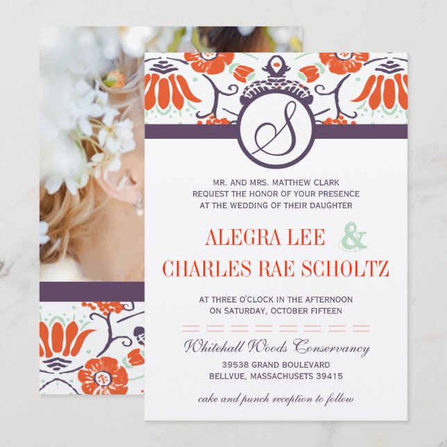 Purple Orange Persimmon and Mint Paisley Wedding Invitation (Front/Back)