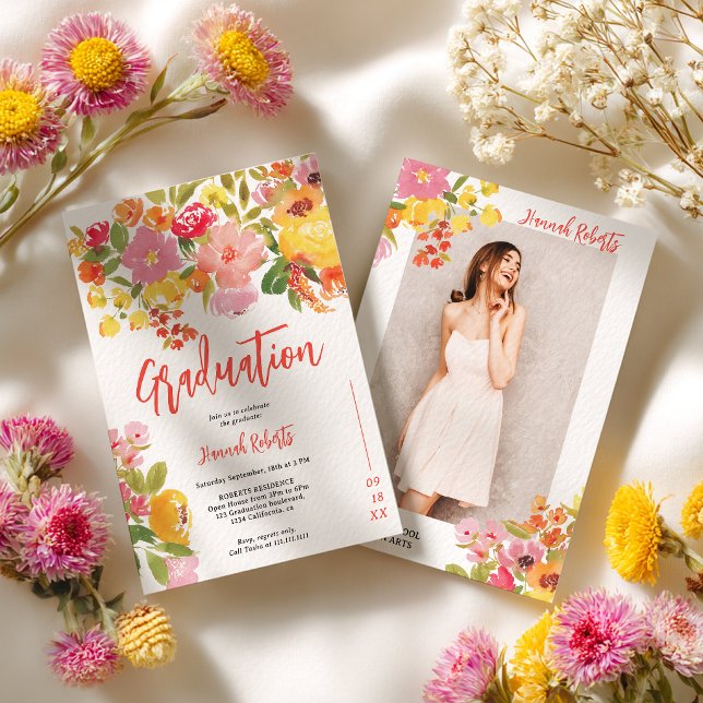 Purple Orange photo Boho floral graduation Invitation (Purple Orange photo Boho floral graduation Invitation)