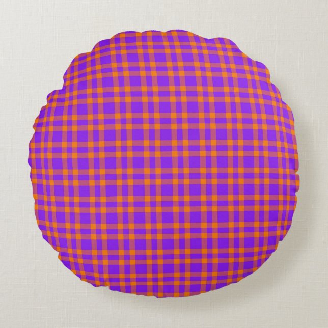 Purple Orange Plaid Pattern Round Cushion (Front)