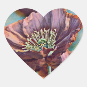 Purple orange red poppy flowers watercolor heart sticker
