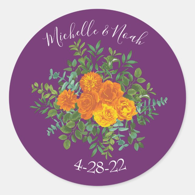 Purple Orange Rose Wedding Spring Classic Round Sticker (Front)