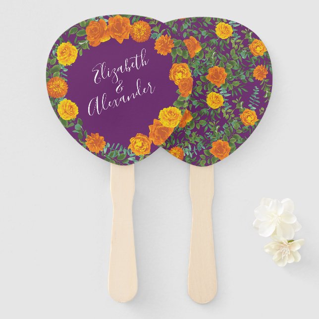 Purple Orange Rose Wedding Spring Hand Fan (Front and Back)