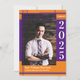 Purple Orange School Colour Graduation Photo Plaid Invitation