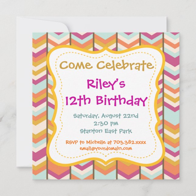 Purple Orange Stripes Birthday Party Invitations (Front)