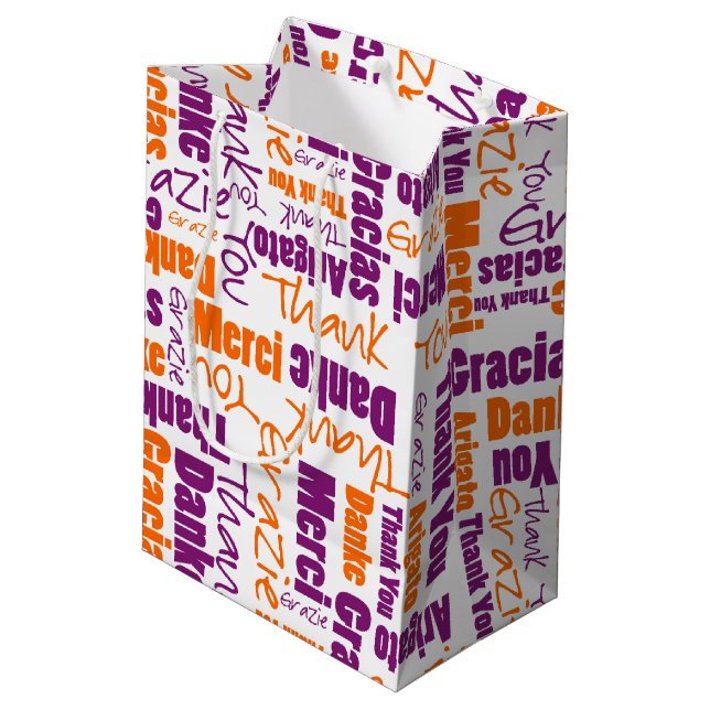 Purple Orange Thank You Typography Word Collage Medium Gift Bag (Back Angled)
