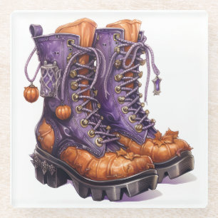 PURPLE & ORANGE VICTORIAN HALLOWEEN BOOTS GLASS COASTER
