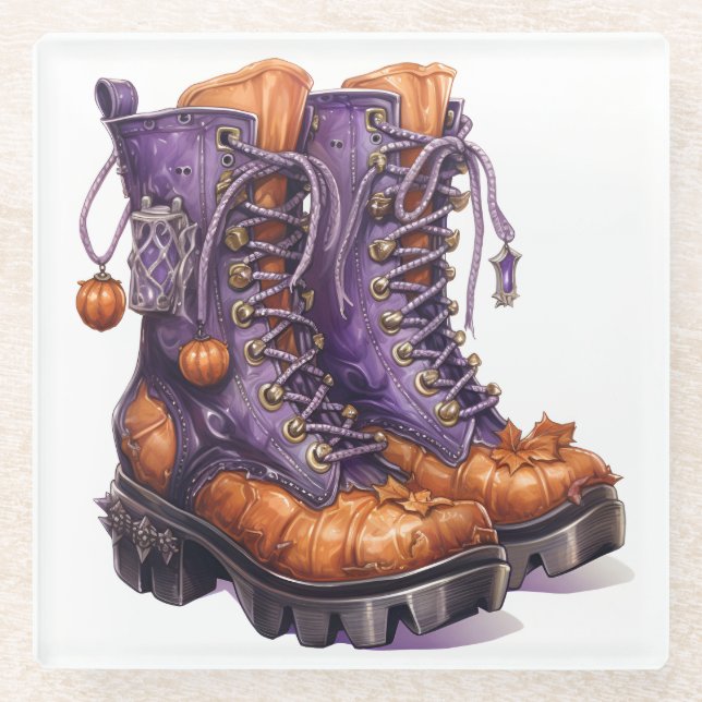 PURPLE & ORANGE VICTORIAN HALLOWEEN BOOTS GLASS COASTER (Front)