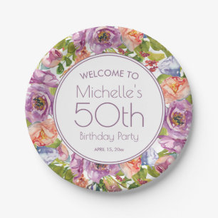 Purple Orange Watercolor Floral 50th Birthday Paper Plate