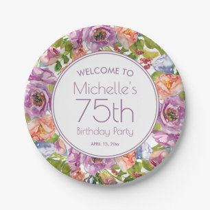 Purple Orange Watercolor Floral 75th Birthday Paper Plate