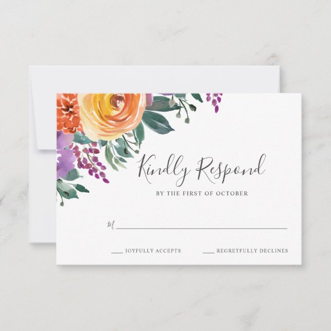 Purple Orange Watercolor Floral Wedding RSVP Card (Front)