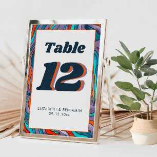 Purple Orange Wavy Modern Retro Groovy Wedding Table Number