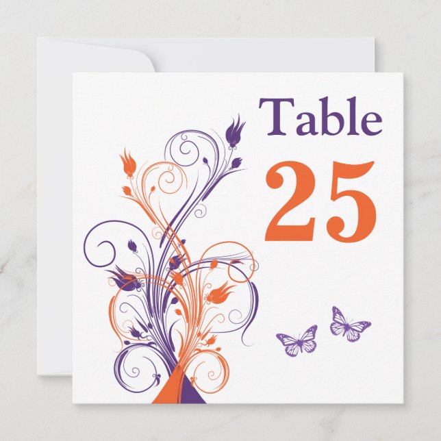 Purple Orange White Floral Sq. Table Number Card (Front)
