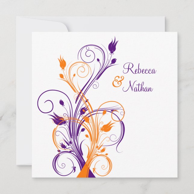Purple Orange White Floral Sq. Wedding Invitation (Front)