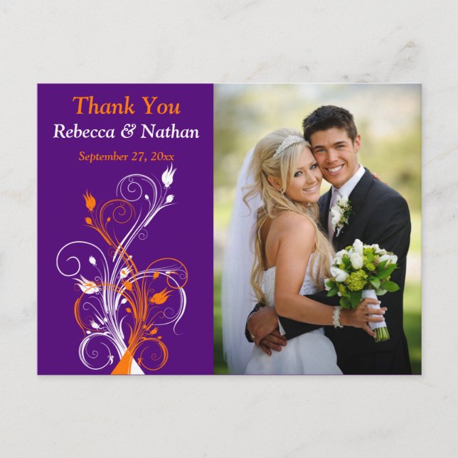Purple Orange White Floral ThankYou Photo Postcard (Front)