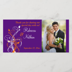 Purple, Orange, White Floral Wedding Photo Card 2