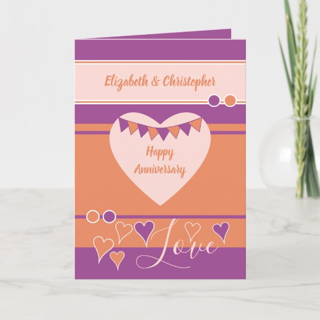 Purple orange with hearts and bunting anniversary  card (Front)