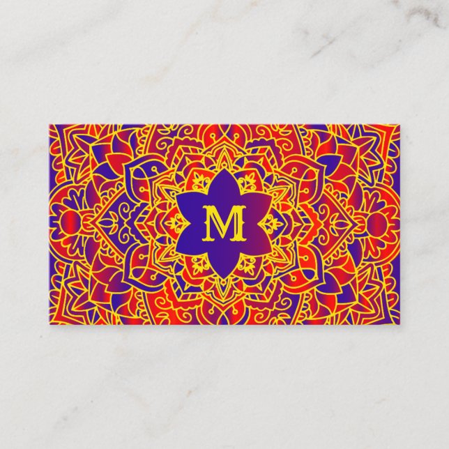 Purple Orange Yellow Mandala Monogram Business Card (Front)