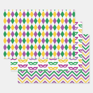 PURPLE ORANGE YELLOW MARDI GRAS THEME WRAPPING PAPER SHEET