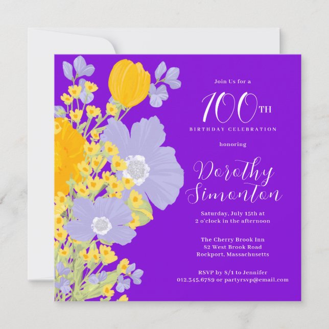 Purple Orange Yellow Wildflowers 100th Birthday Invitation (Front)