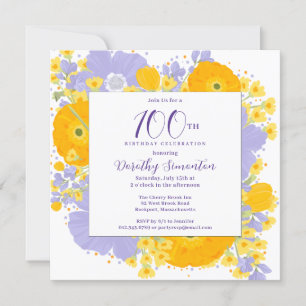 Purple Orange Yellow Wildflowers 100th Birthday Invitation